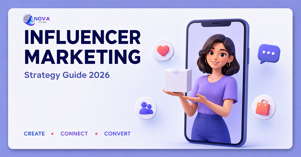 Illustration of influencer marketing strategy showing social media creators, brand collaboration, audience engagement, content creation, and digital marketing growth.
