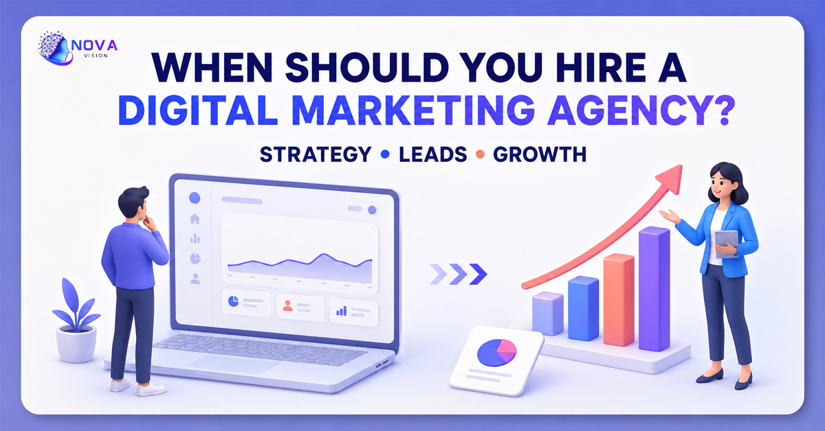 Business professionals discussing digital marketing strategy, SEO, PPC, social media marketing, and online business growth with Nova Vision digital marketing agency