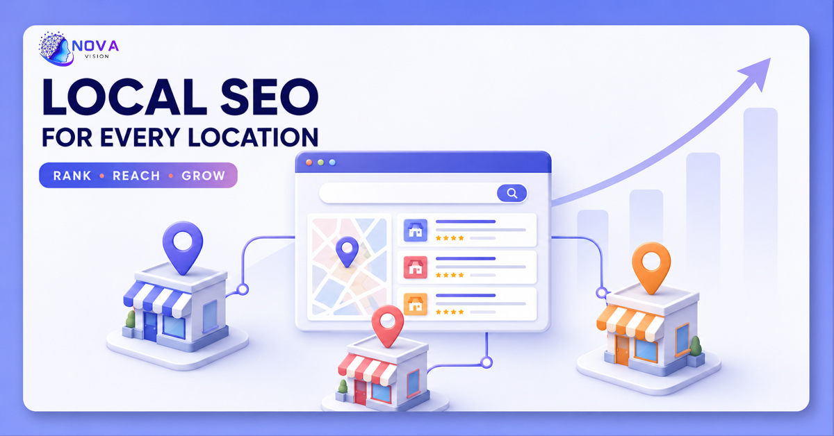 Illustration showing a multi-location business improving local SEO in 2026 with Google Business Profile optimization, location-specific SEO, maps, reviews, and digital marketing strategies by Nova Vision.