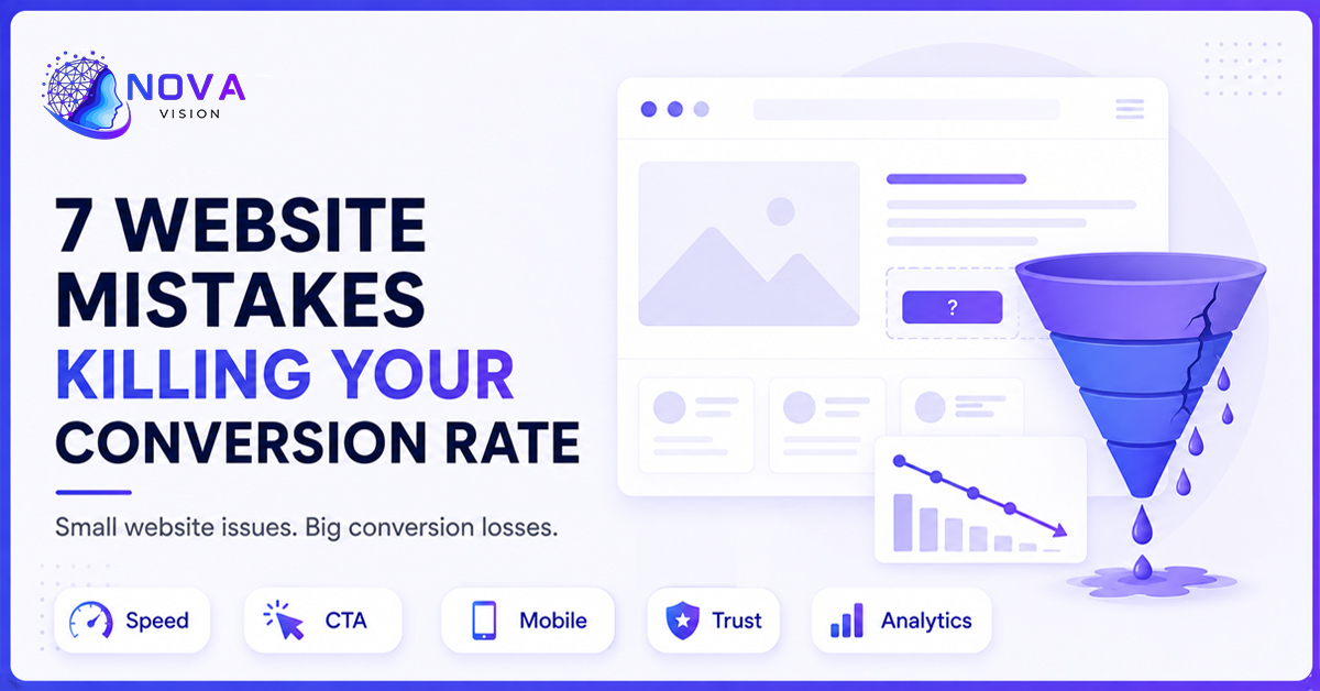 7 common website mistakes that reduce conversion rates, including poor UX, slow loading speed, weak CTAs, and unclear messaging.